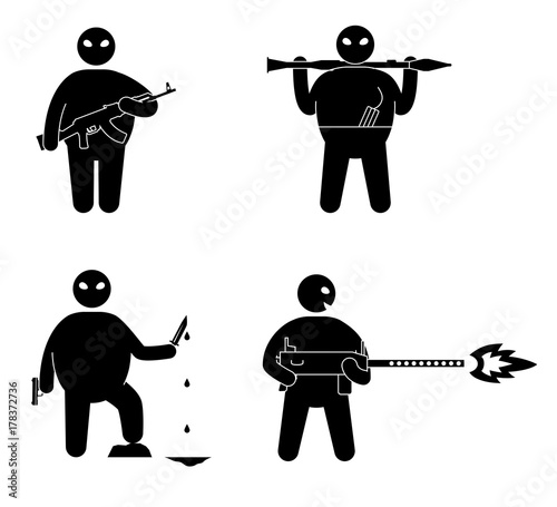 Terrorism concept. Set of terrorist people. World threat. Vector illustration