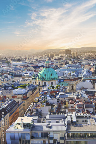 View of St. Peter's Cathedral from the observation deck of St. Stephen's Cathedral in Vienna, Austria