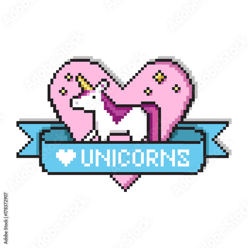 Pixel art heart with unicorn for badges or game design. Pixel unicorn with golden stars, ribbon and text. Love unicorns quote in game style design. Pixel art print for t-shirt, cards, posters.