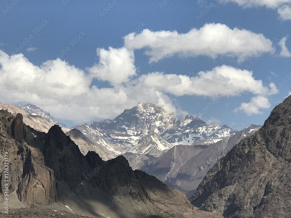 Landscape of mountain snow and valley in Santiago, Chile