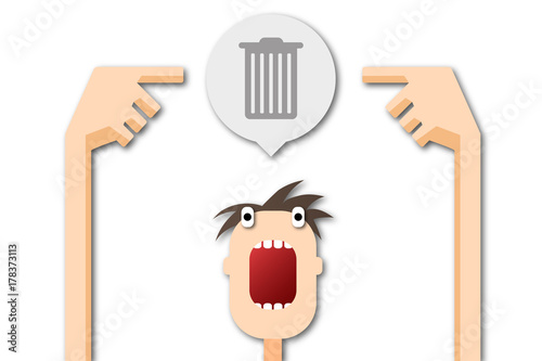 Cartoon Mann zeigt auf Sprechblase - Mülleimer