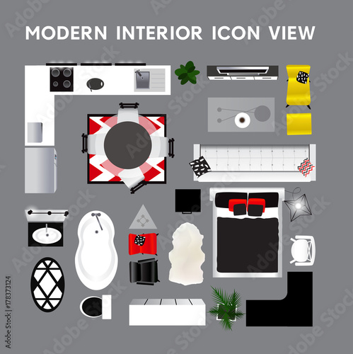 Interior top view Set of icons. Isolated realistic interior. Vector illustration