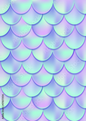 Holographic mermaid tail card or background. Mesh Gradient mermaid card for party. Mermaid card decor element. Fish skin magic background. Print design for textile, posters, greeting cards.