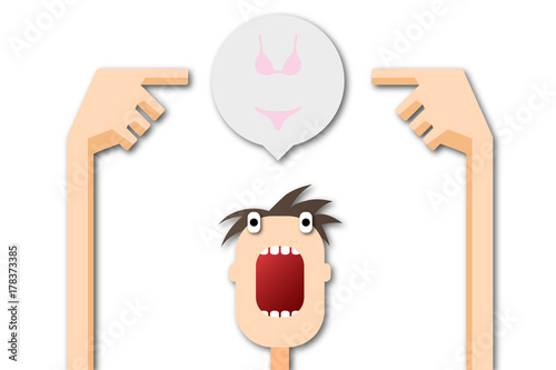 Cartoon Mann zeigt auf Sprechblase - Bikini