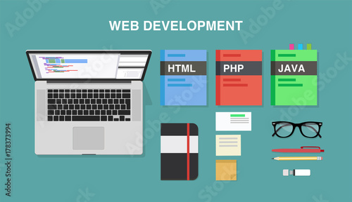 Web development, top view of a desk with a computer, notepad, programming books, smartphone, pens and pencils. Vector illustration in flat style, template for business