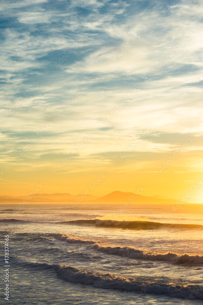 Sunset on a beach in Biarritz city, Basque country of France.