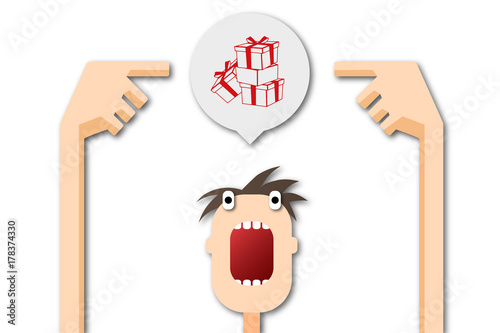 Cartoon Mann zeigt auf Sprechblase - Geschenk