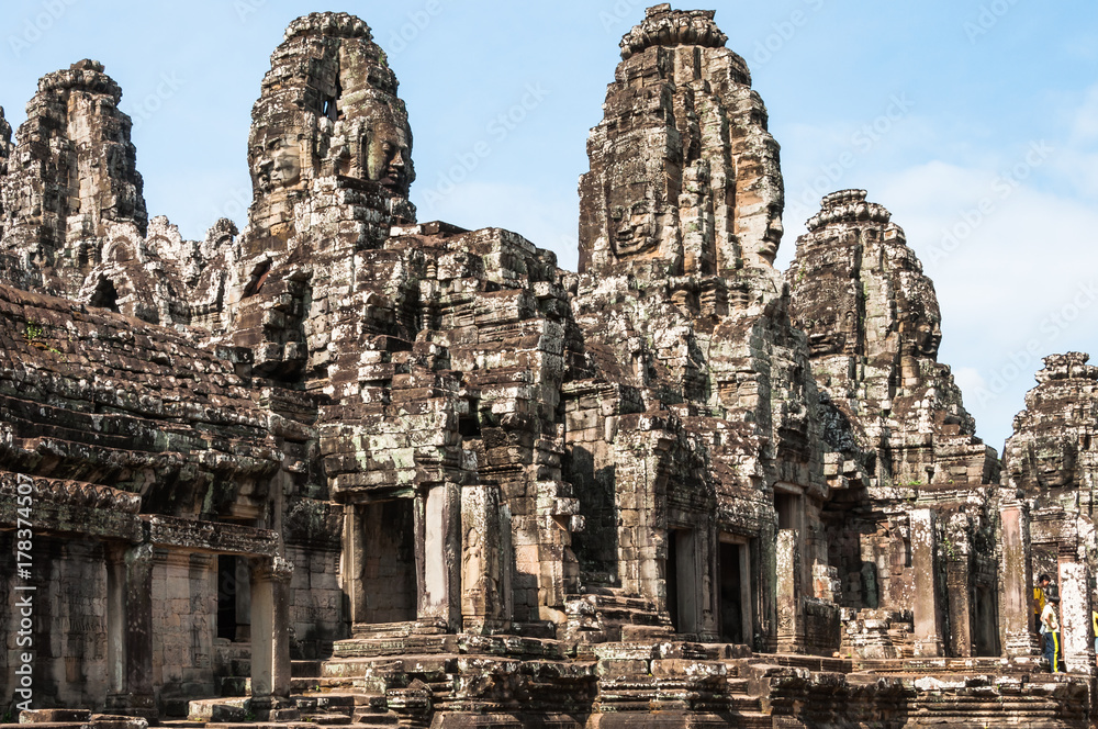 The Bayon temple in the Khmer Angkor complex, Cambodia, South East Asia.