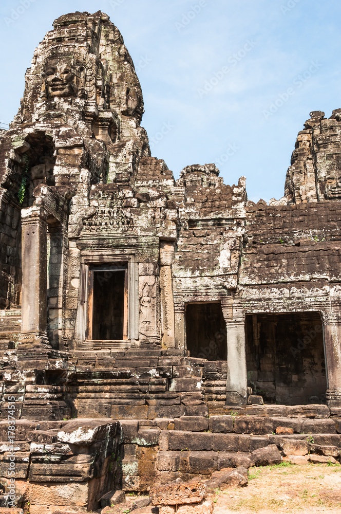 The Bayon temple in the Khmer Angkor complex, Cambodia, South East Asia.