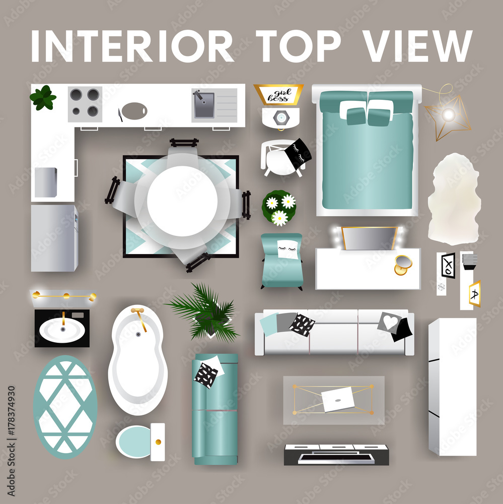 Interior top view. Set of isolated realistic interior icon. Vector