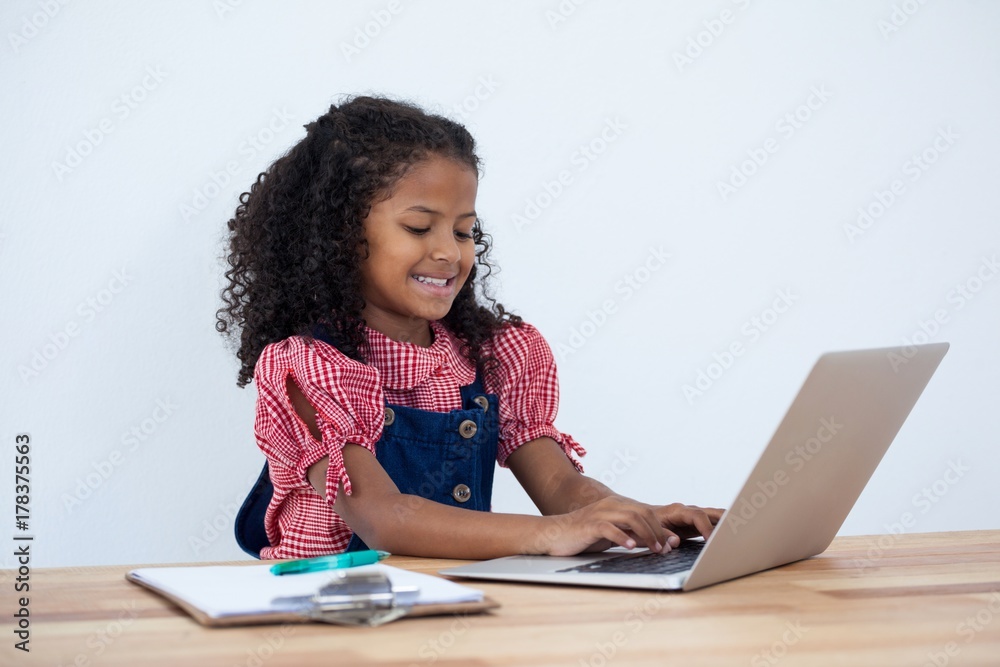 Smiling businesswoman using laptop computer at desk Smiling businesswoman using laptop computer at desk