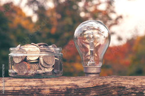 Coins in the glass jar and the bulb