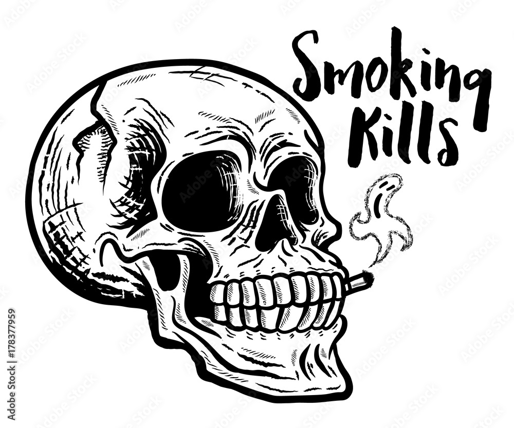 Smoking Kills. Retro skull vector illustration in black and white