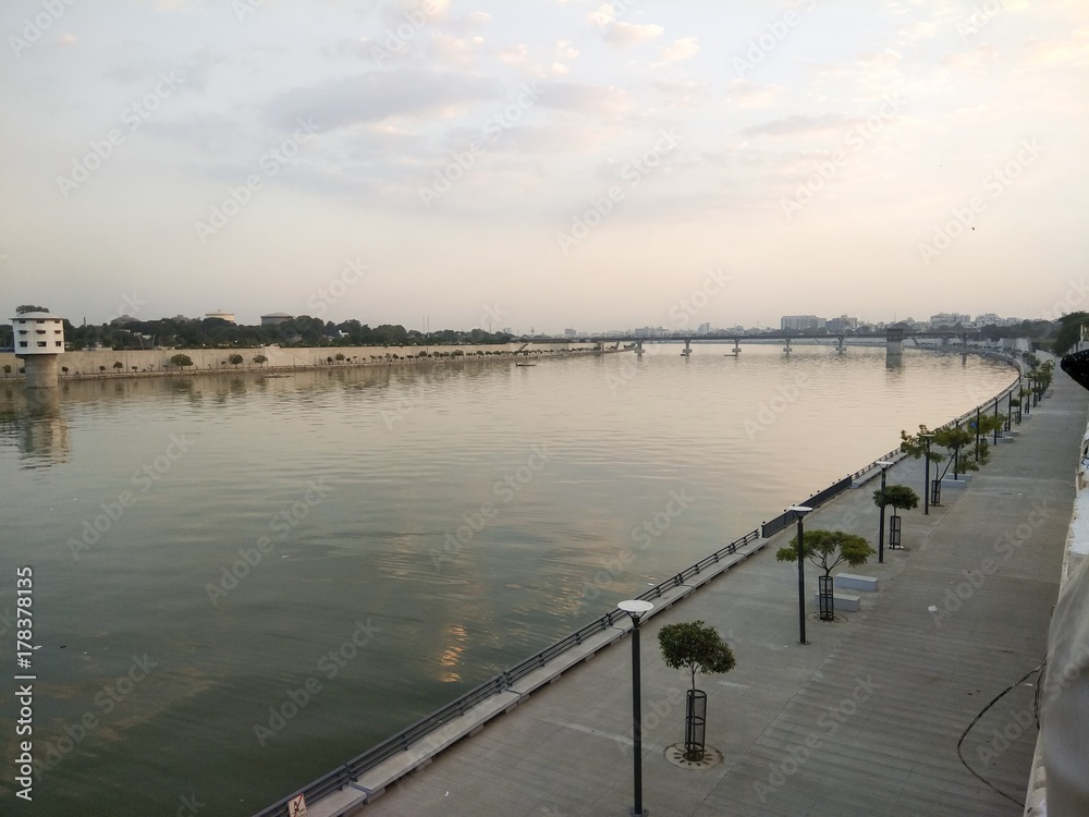 Sabarmati Riverfront, Ahmedabad, Gujarat, India- the pathway beside the river where people come to relax and enjoy the view. Ahmedabad- World heritage city