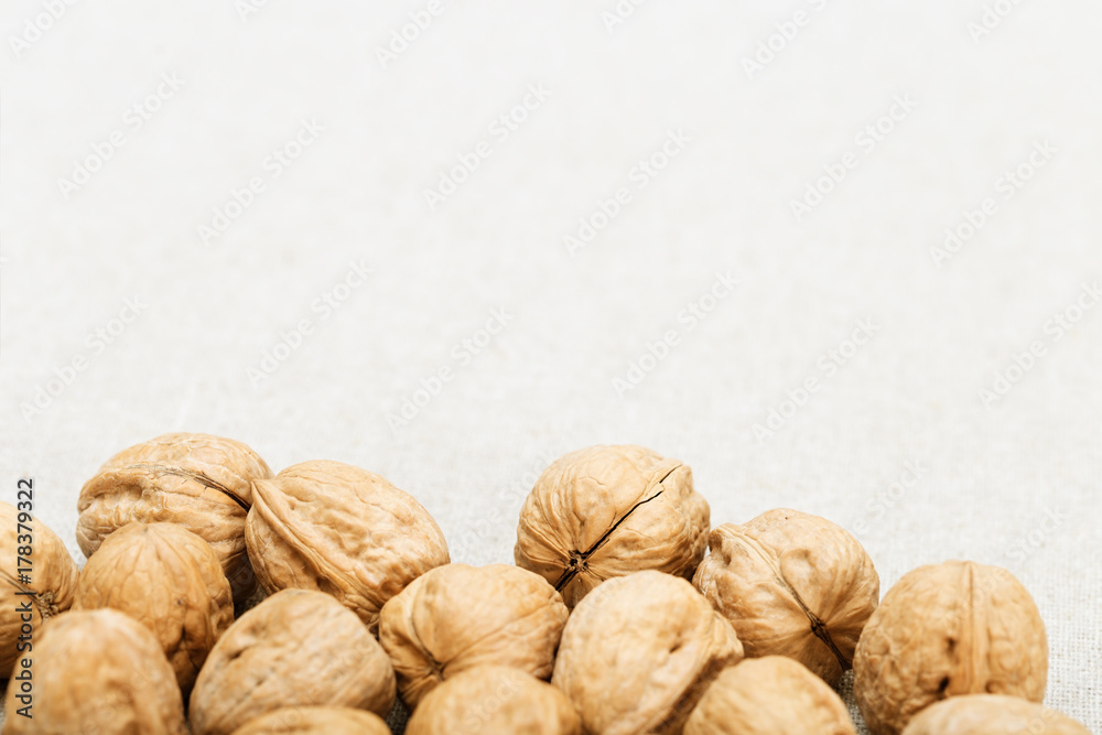 Background of walnuts on a very light blurred cloth. Background food. Background of walnuts on a very light blurred cloth. Background food.