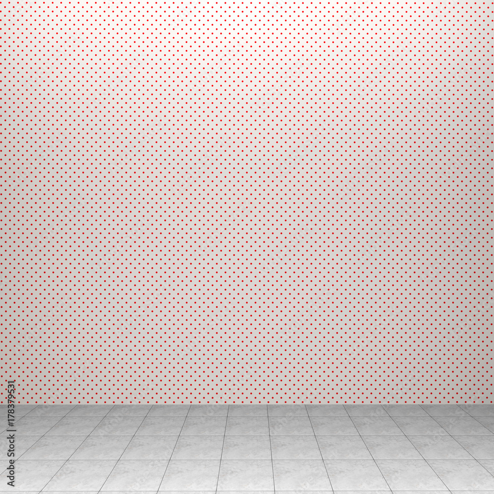 3d interior rendering of red dotted decorated wallpaper and tiled floor