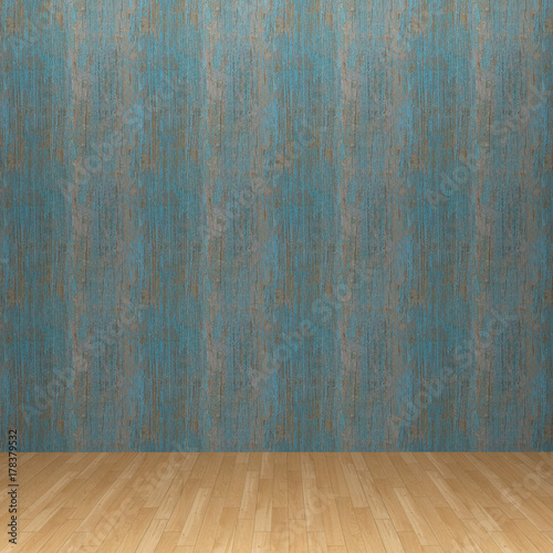 Fototapeta Naklejka Na Ścianę i Meble -  3d interior rendering of blue wooden wall and brown wooden parquet floor