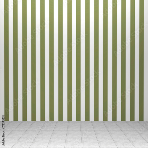 3d interior rendering of green striped wallpaper and tiled floor © ma3d.it