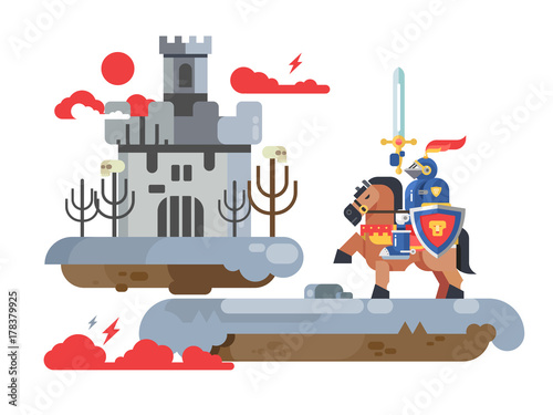 Knight with sword and old castle