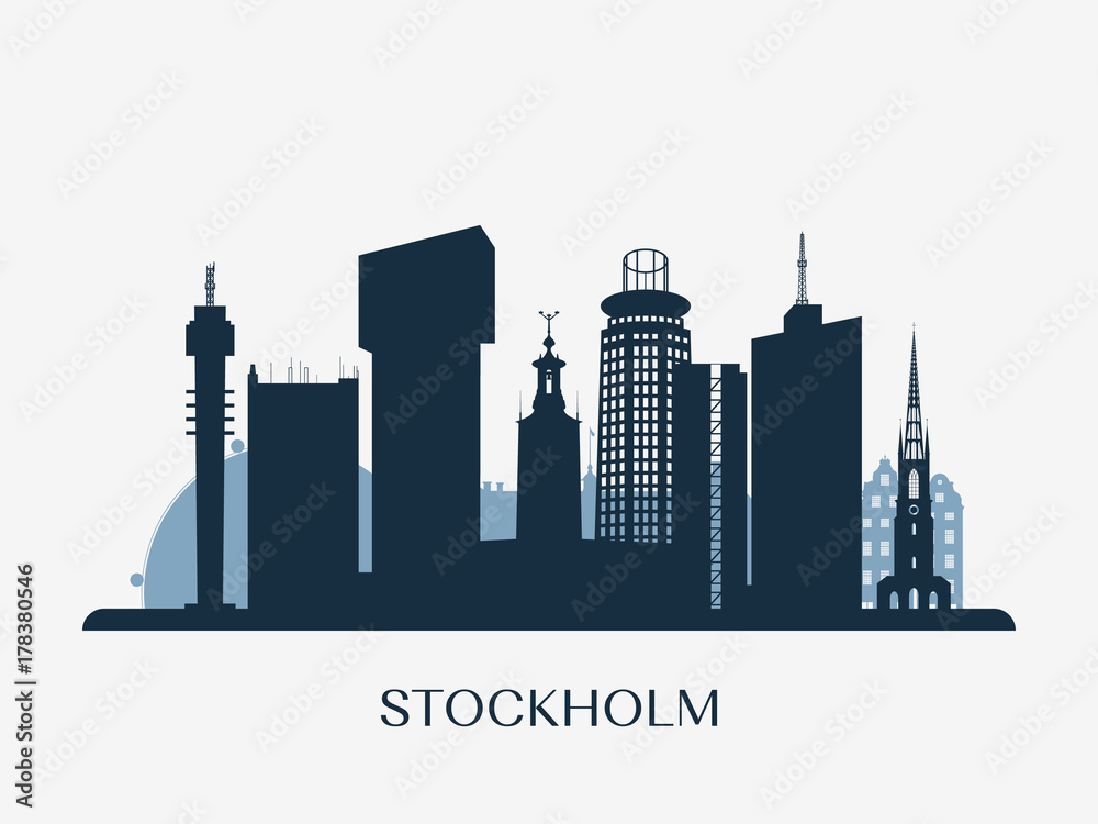 Stockholm skyline, monochrome silhouette. Vector illustration.