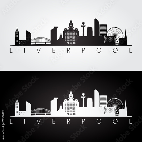 Liverpool skyline and landmarks silhouette, black and white design, vector illustration.