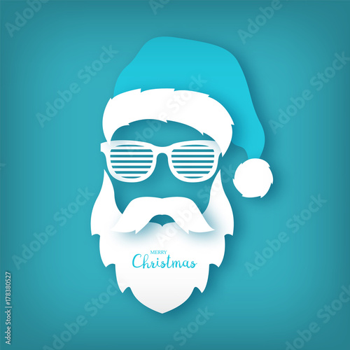 Paper Santa Claus with glasses shutter shades on blue background. Origami concept. Christmas illustration.