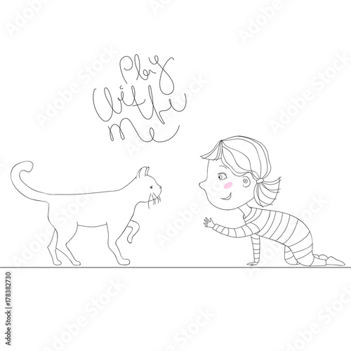 illustration with girl playing with kitten. text play with me