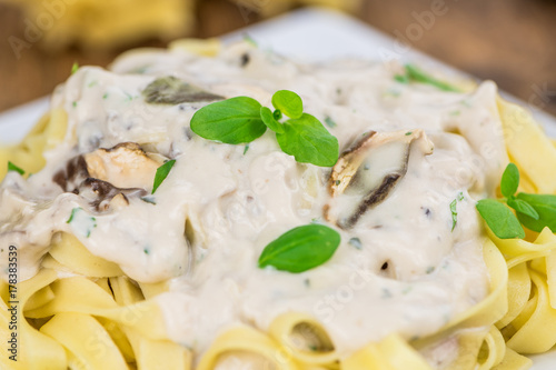 Portion of Porcini pasta, selective focus