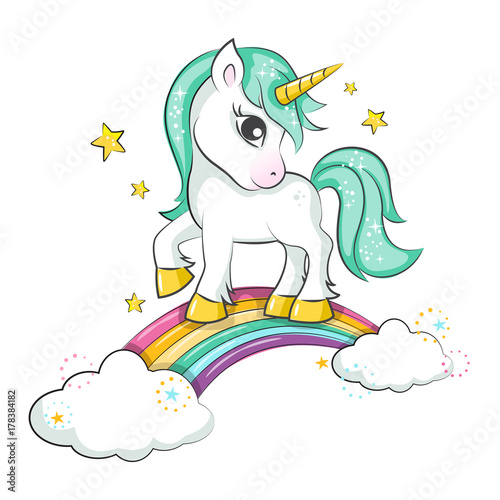Obraz na plátne Cute magical unicorn and raibow