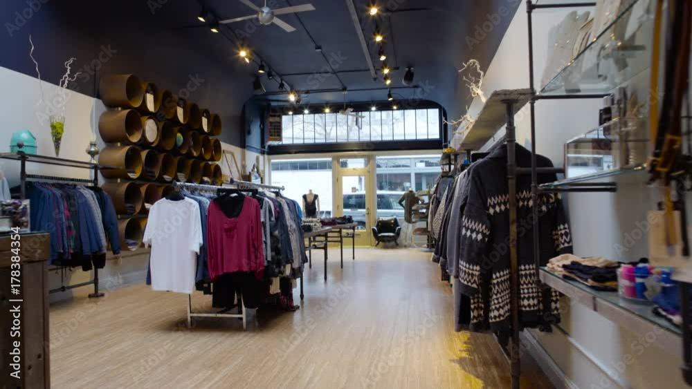 Steadicam shot of a clothing shop during daytime