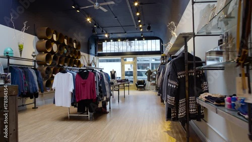 Steadicam shot of a clothing shop during daytime