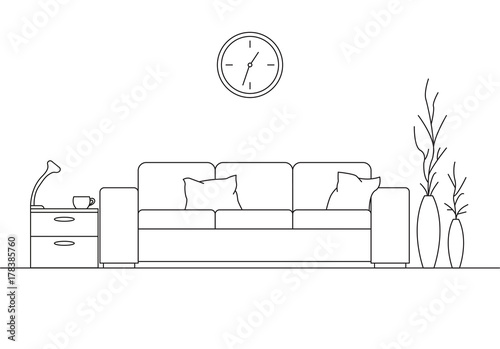 Modern interior. Sofa, lamp and bedside table. The clock hangs on the wall. Vector illustration in a linear style.