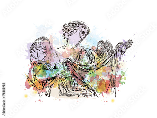 Watercolor sketch with splash of Statue over Sant Angelo Bridge, made by Bernini, Rome in vector illustration.