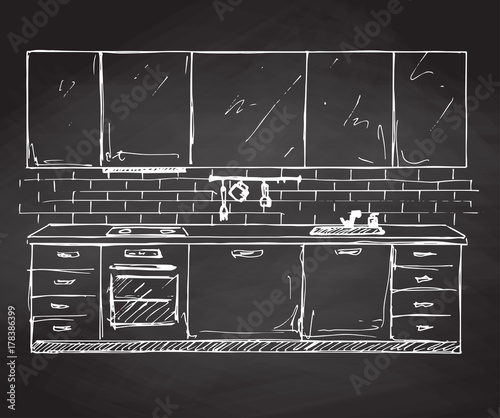 Hand drawn modern kitchen furniture. Vector illustration in sketch style