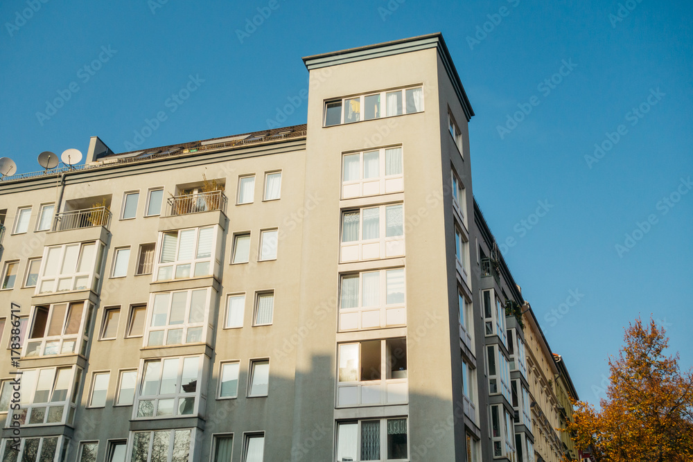 modern and grey facaded corner building in berlin