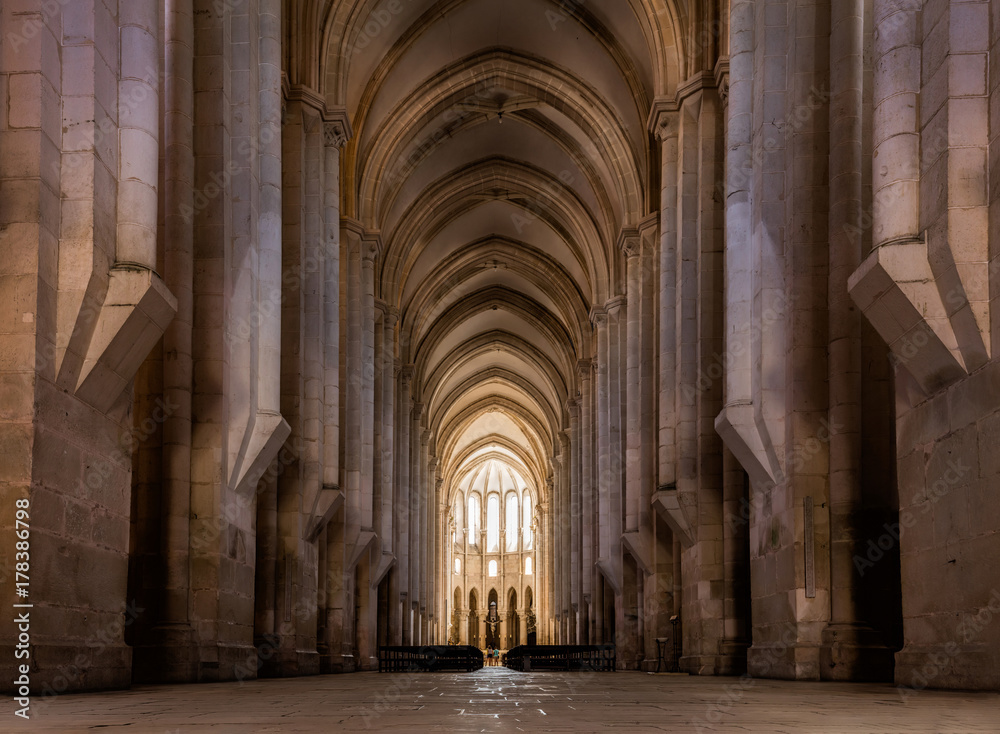 View towards the main chapel and ambulatory of the medieval Alcobaca Monastery, the first truly Gothic building in Portugal, started in 1178, completed in 1252.