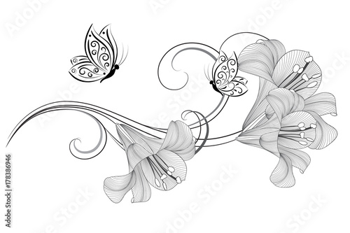 Hand drawn floral pattern with lily flowers. Vector illustration. Element for design.