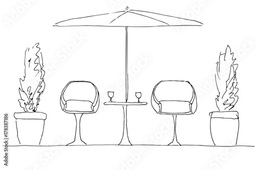 Two armchairs and a table. Large folding umbrella. Hand drawn vector illustration