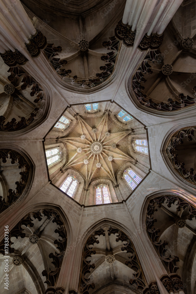 Ceiling decoration in the Batalha Monastery, a prime example of Portuguese Gothic architecture, UNESCO World Heritage site, started in 1386 but never actually completed.