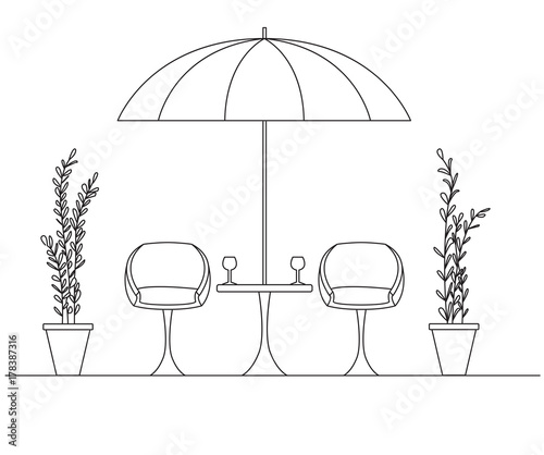 Two armchairs and a table. Large folding umbrella. Vector illustration