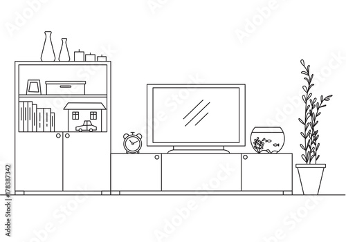 Linear interior with a closet, TV and aquarium. Vector illustration.