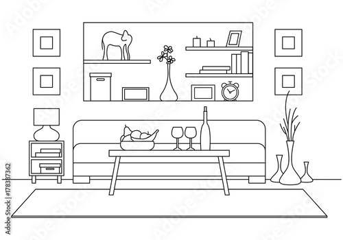 Linear sketch of interior. Table with glasses and bottle in front of the sofa. Vector illustration