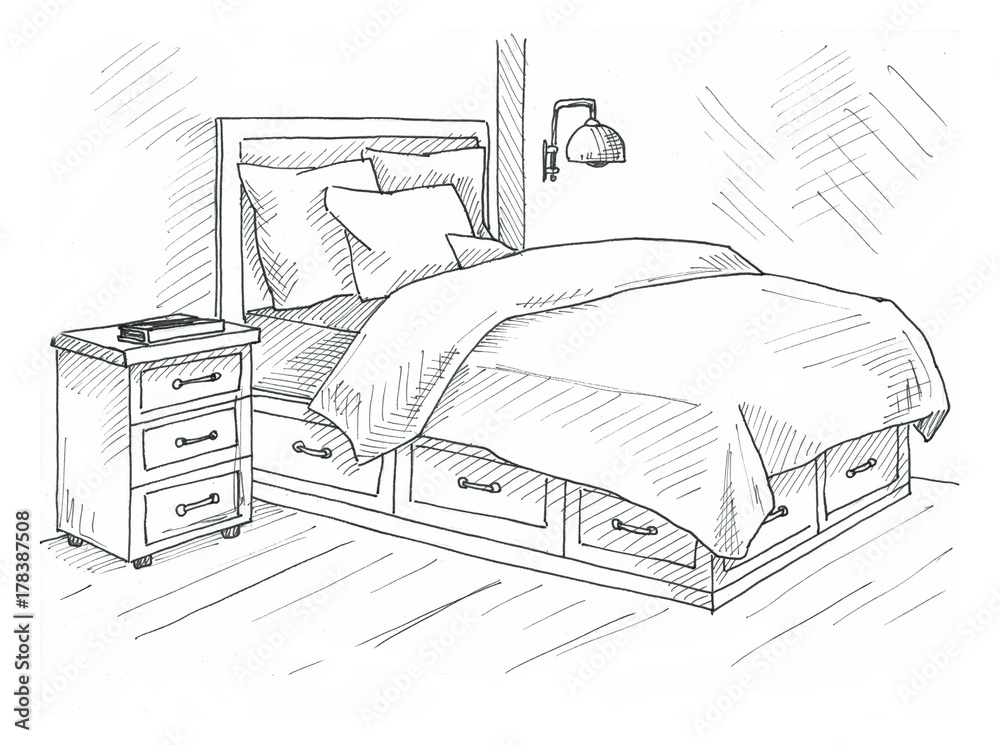 Hand drawn sketch. Linear sketch of an interior. Sketch Line bedrooms.