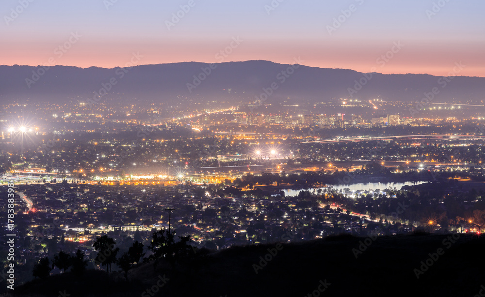 Silicon Valley Lights. Looking West from Mount Hamilton at Santa Clara Valley and Santa Cruz Mountains. San Jose, Santa Clara County, California, USA.