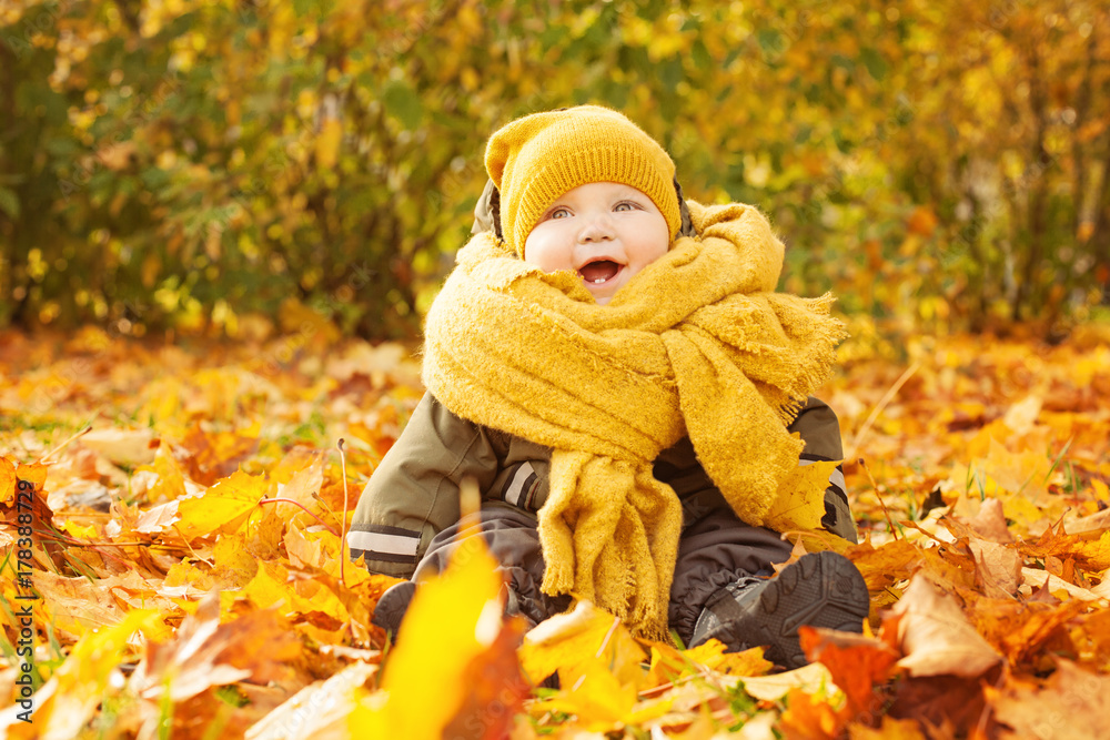 Autumn Baby on Fall Maple Leaves Outdoors. Happy Little Child in Autumn Park Autumn Baby on Fall Maple Leaves Outdoors. Happy Little Child in Autumn Park