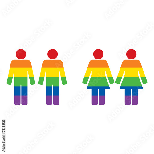 Lesbian and gay couple figures holding hands with rainbow color. LGBT pride.