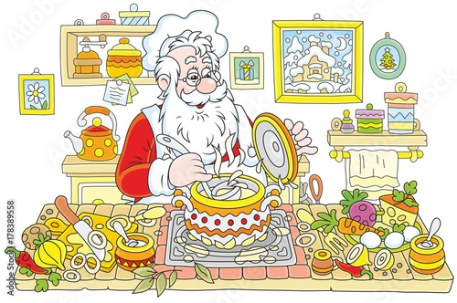 Santa Claus cooking soup in...