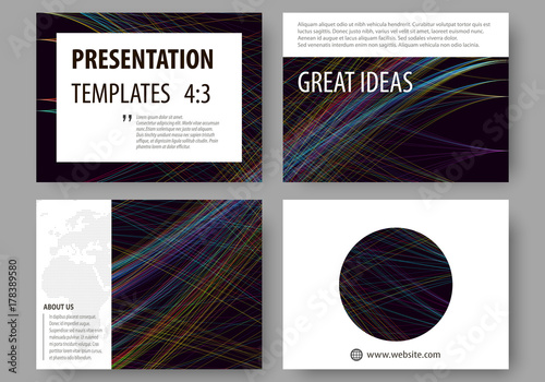 Set of business templates for presentation slides. Easy editable layouts, vector illustration. Abstract waves, lines and curves. Dark color background. Motion design.