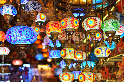 A bunch of turkish lamps at one of many Kemer gift shops. Antalya, Turkey.