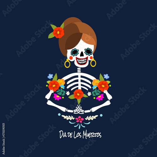 Mexican Dia de los Muertos (Day of the Dead) skeleton woman, greeting card, vector illustration.
